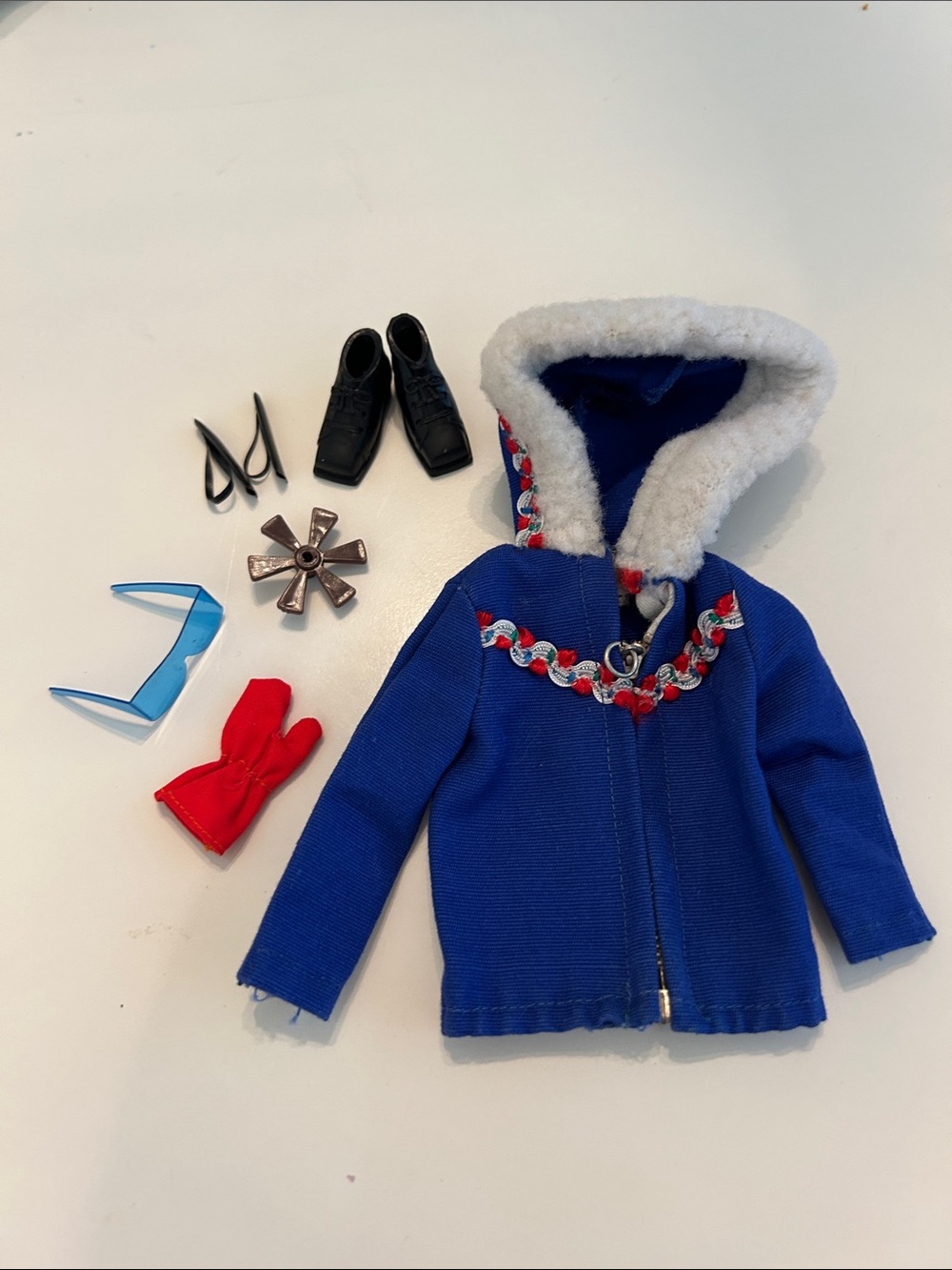 Vintage Barbie Blue Hooded Faux Fur Winter Jacket W/ Accessories 1963